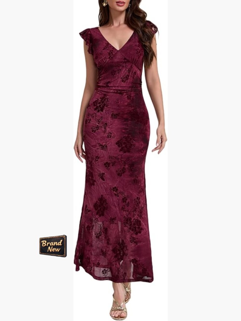 Mermaid Maxi Dress Sleeveless V-Neck Wedding Guest Bodycon Floral Mesh Ruched